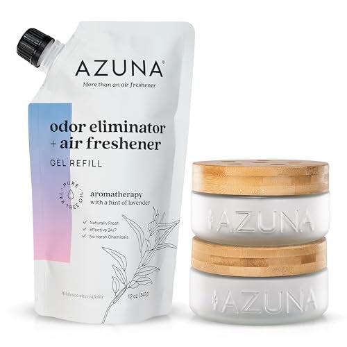 Azuna Air Freshener Odor Eliminator for Strong Odor 2 Room Kit Includes 2 8 oz Empty Luxe Glass Jars 12 oz Refill with Tea Tree Essential Oil Gel Aromatherapy Last 6090 Days